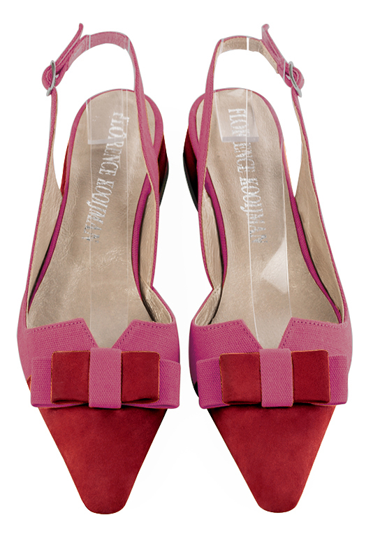 Cardinal red and hot pink women's open back shoes, with a knot. Tapered toe. Flat block heels. Top view - Florence KOOIJMAN